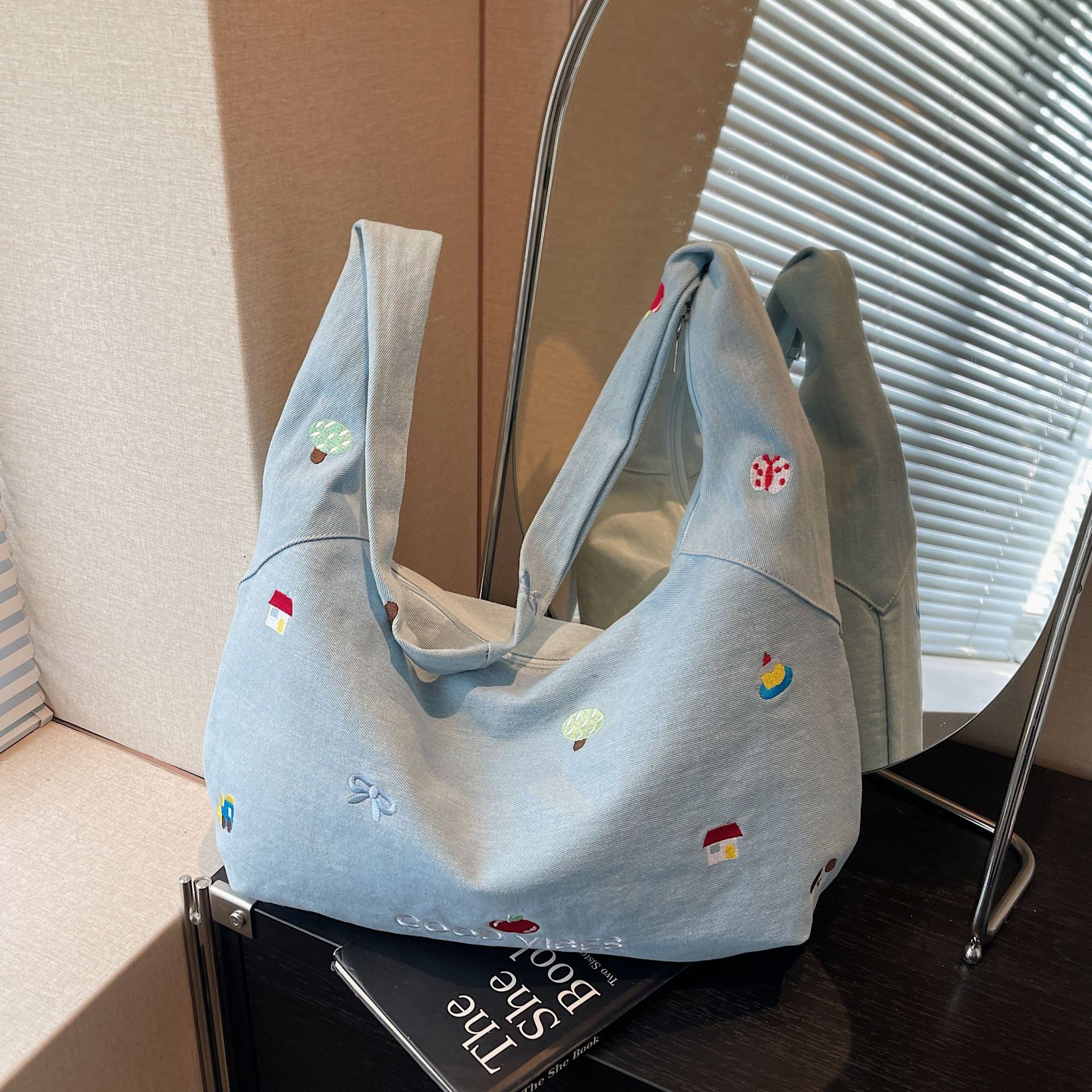 Denim crossbody large backpack - versatile embroidery [light blue]