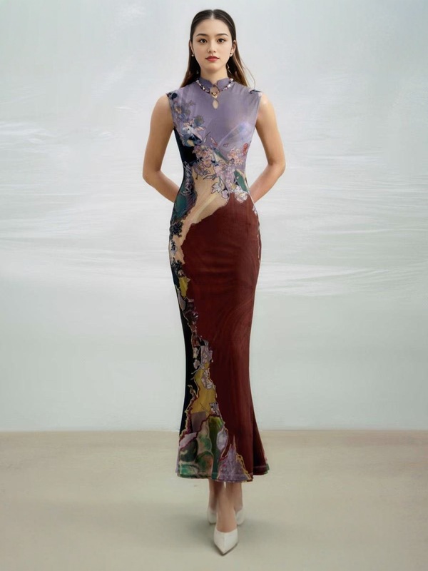 新中式撞色印花连衣裙女夏季高腰长裙文艺复古|undefined