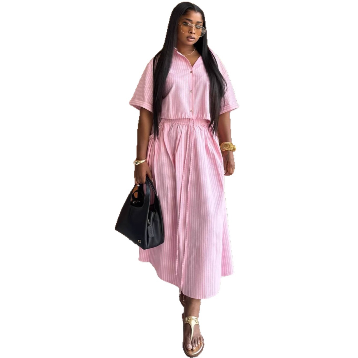 Women's Stripe Lapel Shirt & High-Waist Wrap Skirt Set – Trendy Two-Piece Outfit With Tied Waist Detail (Pink, S-Xxl)_voghion.com