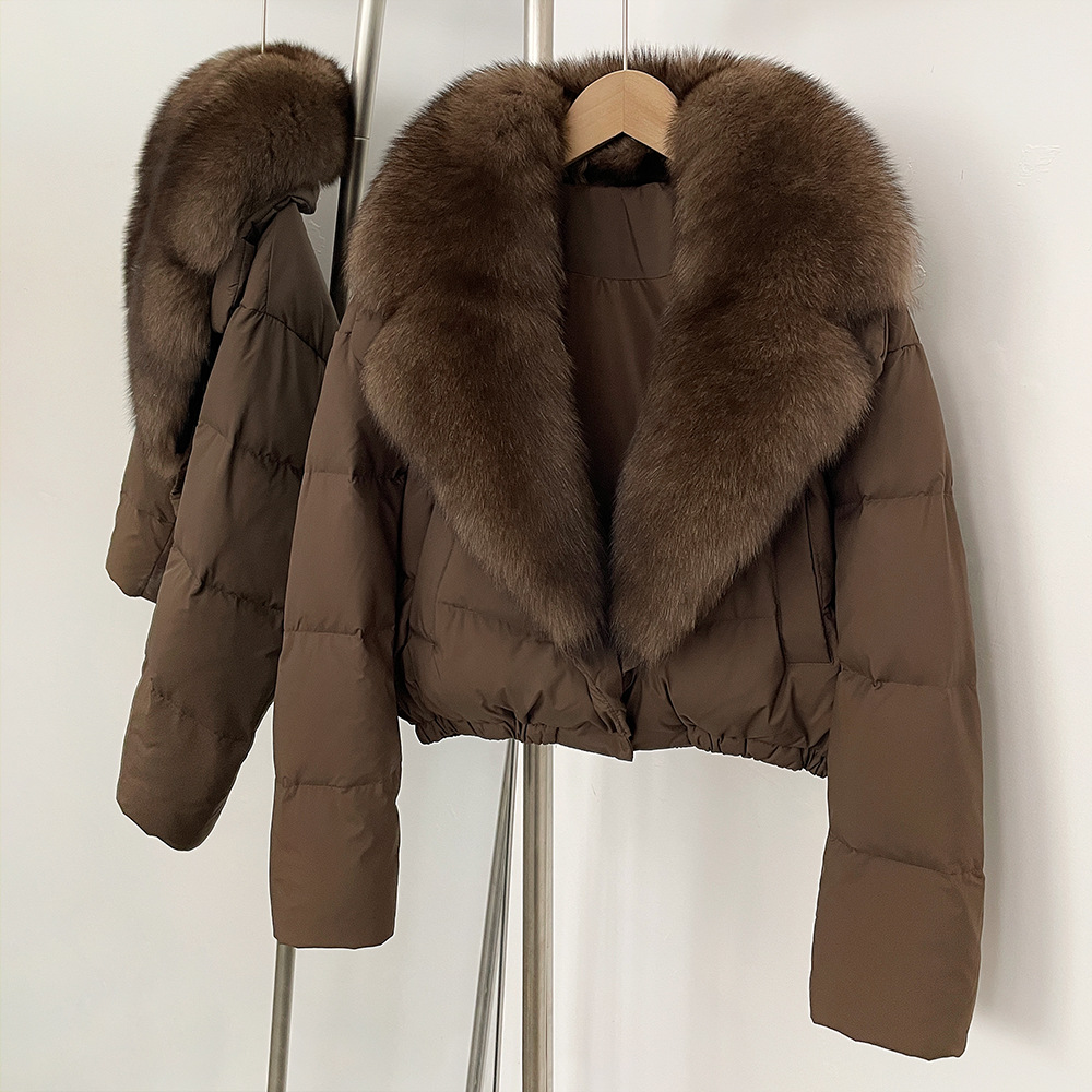 Elegant Short Down Jacket With Fox Fur Trim – Slim-Fit Winter Coat For Women, Detachable Hood & High-End Styling (Black/Brown Options, S/M Sizes)_voghion.com