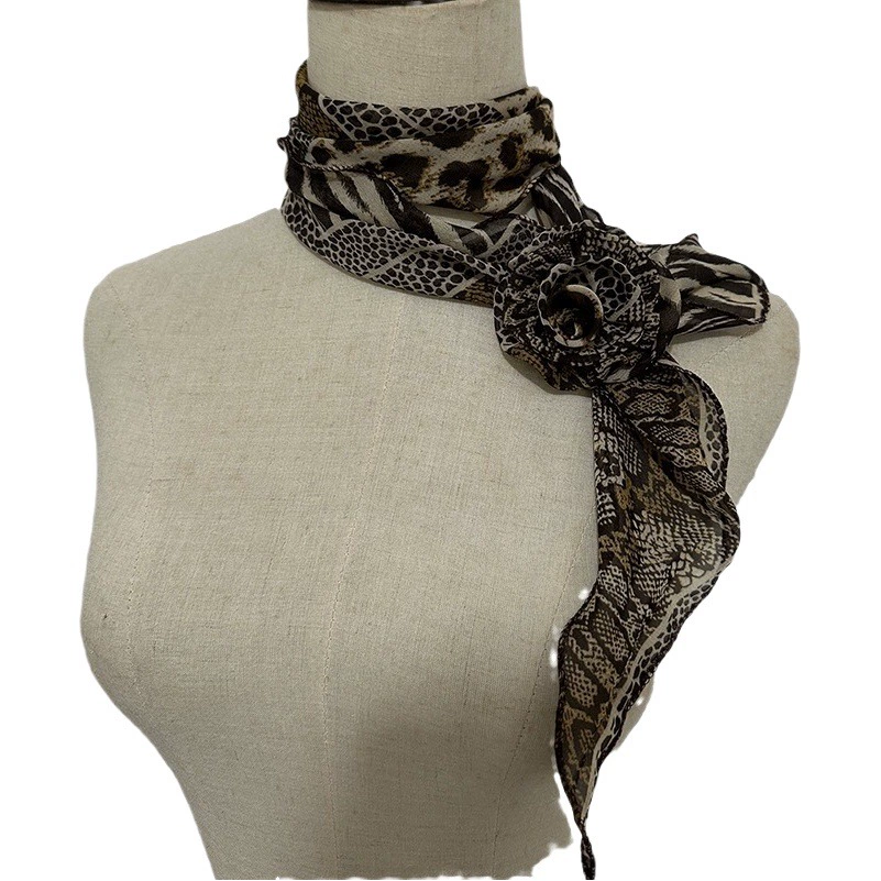 Новый длинный маленький шелковый шарф роза классический леопардовый цвет с пряжкой и воротником декоративный стиль
