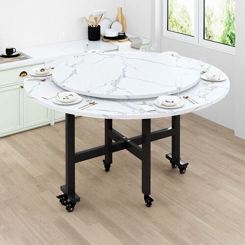 Folding dining table, three-folding table, home small apartment, multi-functional dining table, round creative mobile living room large round table