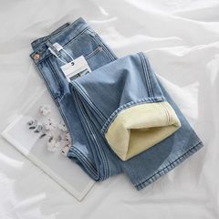 加绒加厚窄版阔腿牛仔裤女2025年新款秋冬梨形身材高腰直筒裤