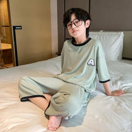 夏季新款冰丝儿童家居服男童中大童2026休闲舒适空调服睡衣两件套