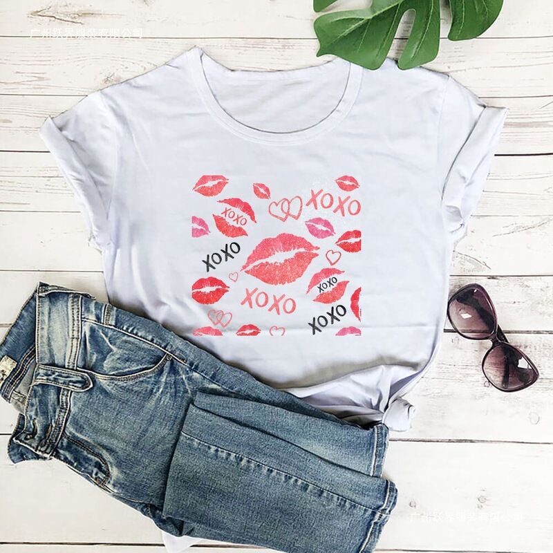 European Size Hot Style European and American Wish Valentine's Day Xoxo Lip Print Personalized Fashion Loose Short-Sleeved T-Shirt