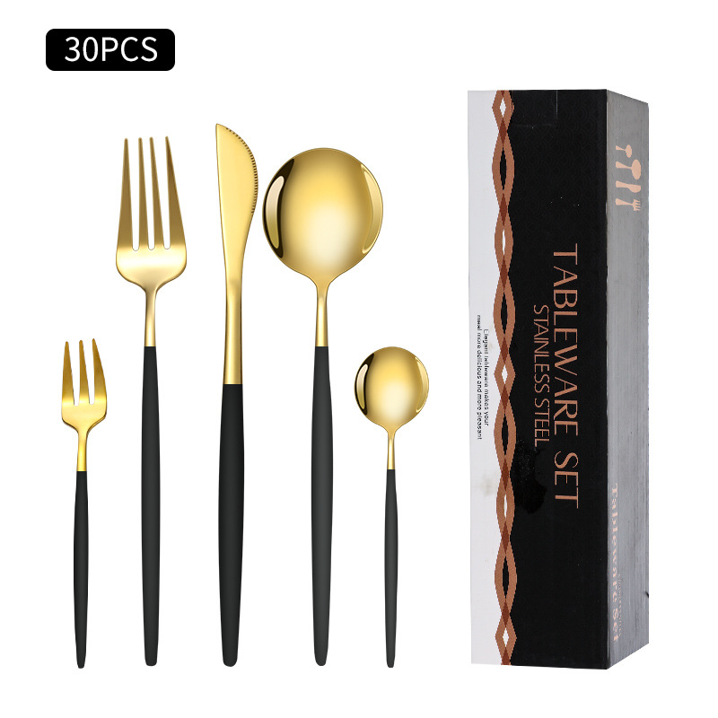 Cruz-Frontera de acero inoxidable vajilla portugués cuchillo y tenedor conjunto de 30 piezas de comida occidental cuchillo de filete de oro y cuchara de la caja de regalo