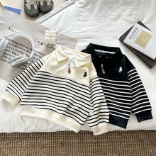 儿童卫衣2025秋季新款男女宝同款拉链polo领长袖条纹拼接百搭上衣