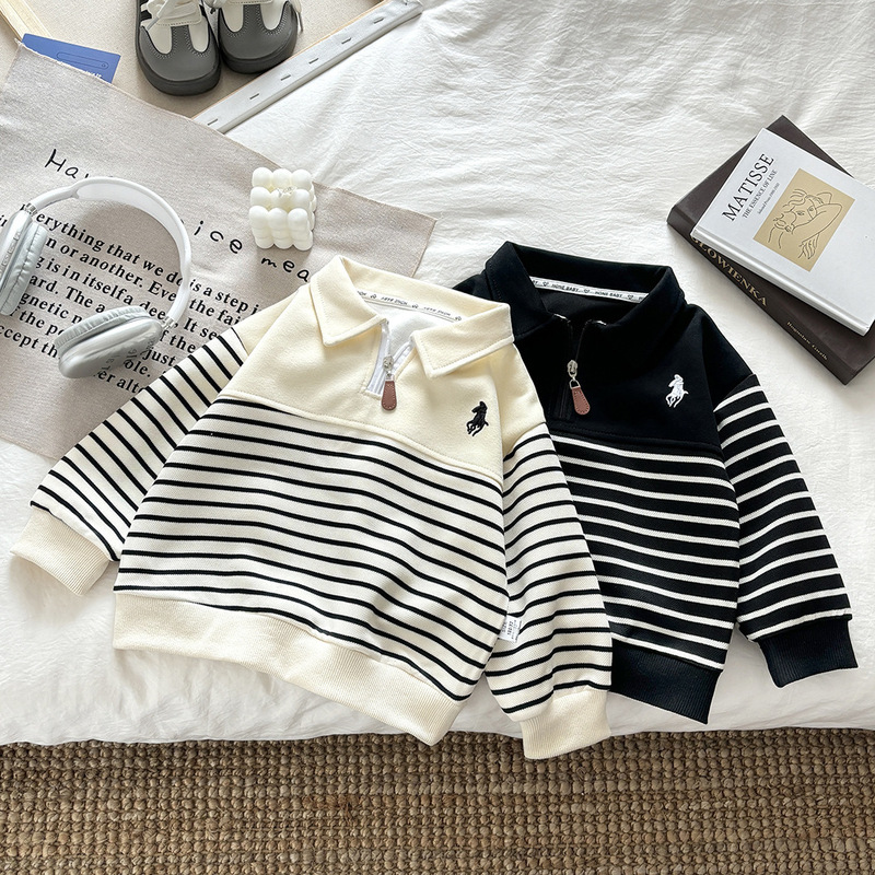 Children's Sweatshirt 2025 Autum New Style Zipper Polo Collar Long-Sleeved Stripesd Splicing Versatile Top for Men and Women Children's Sweatshirt 2025 Autum New Style Zipper Polo Collar Long-Sleeved Stripesd Splicing Versatile Top for Men and Women
