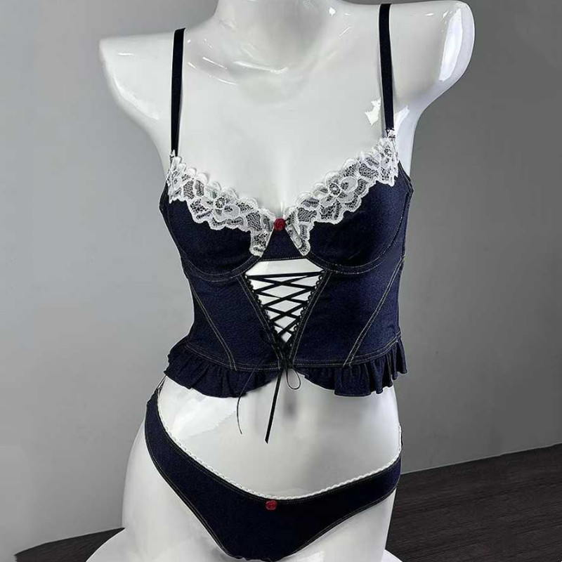Sexy Lace Patchwork Hollow-Out Fishbone Bra Set with Thin Gathered Bra for Outerwear