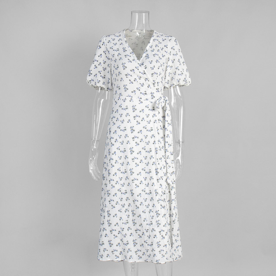 Đầm liền cotton in hoa cổ chữ V tay bồng buộc dây lưng cao — Hoa oải hương, Hoa tulip màu hồng, Màu be, Màu hồng chi tiết 4