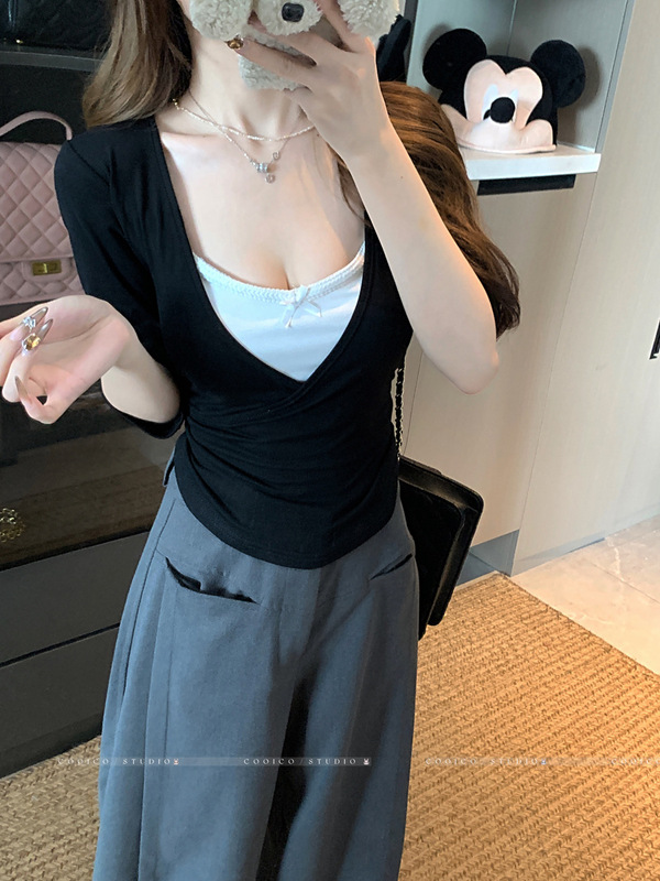 设计感别致假两件撞色长袖T恤女装秋季韩系别致减龄修身显瘦上衣|undefined