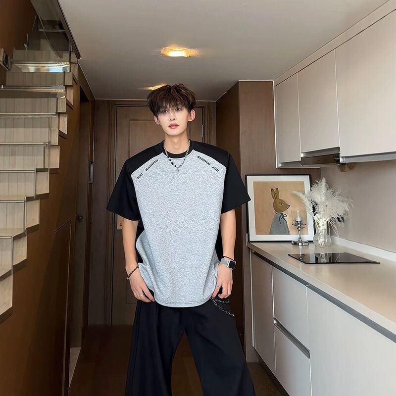 Premium Heavy-Duty Padded Shoulder American-Style Structured Short-Sleeve Patchwork T-Shirt for Men, Summer Half-Sleeve, Cool and Stylish Silhouette, Regular Shoulder, Color-Blocking
