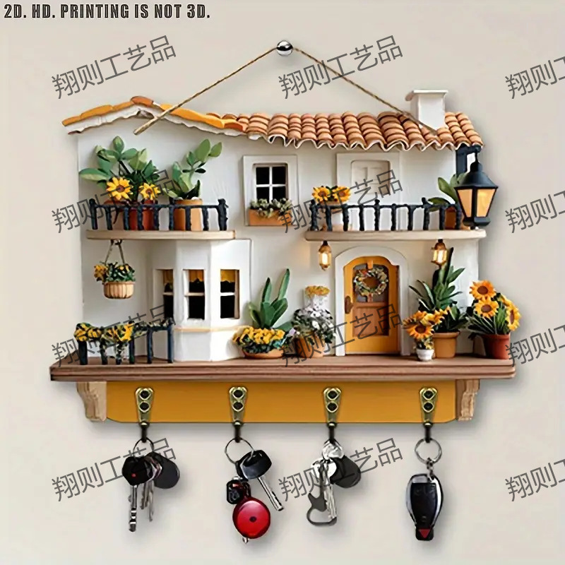 クロスボーダー热い贩売スポットカラフルな木制小屋キーハンガーフラットグラフィックリビングルーム装饰ストラップ木制卸売|undefined