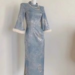 8684#新中式国风加绒改良旗袍加厚温柔复古蓝色国风连衣裙秋冬