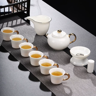 中国白复古式24K描金羊脂玉茶具套装 侧把耳杯功夫茶具批发零售