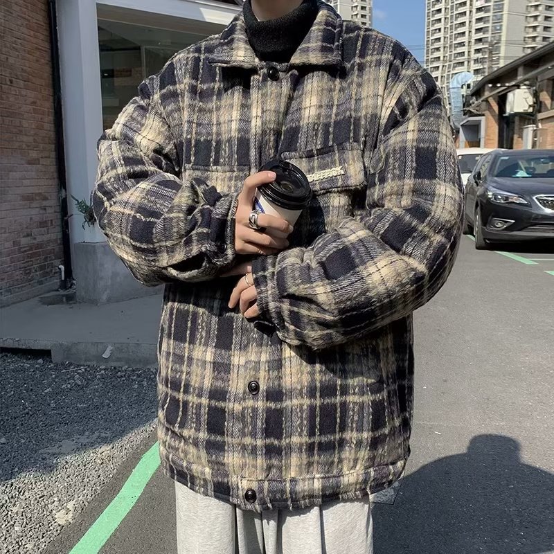 Karierte Arbeitsjacke, lockerer 2023er Frühlingstrend, High-End-Herren-Kleinwollmantel_voghion.com