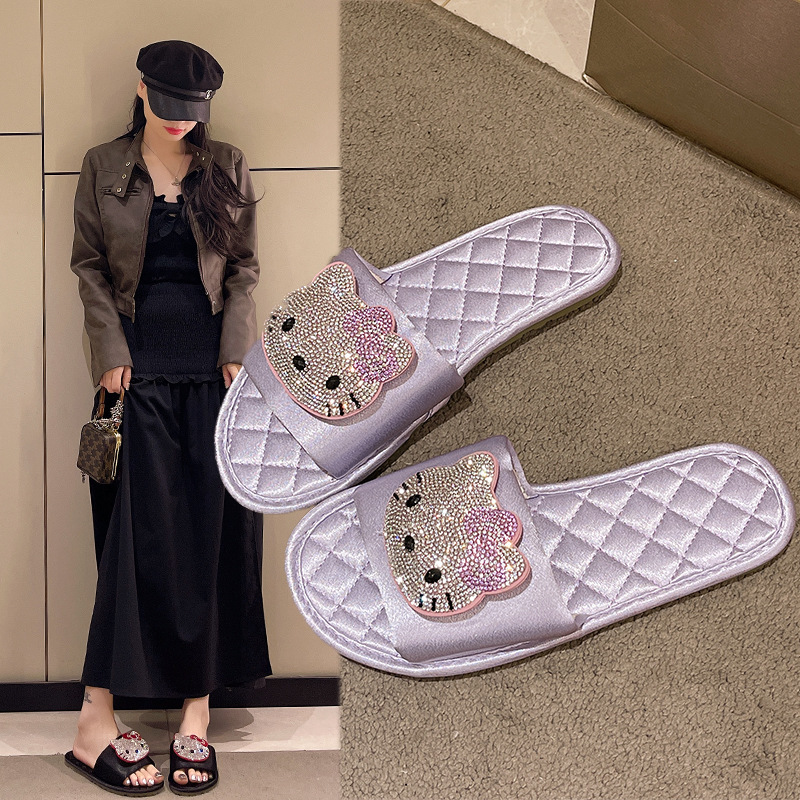 Cute Cartoon Rhinestone Kt Cat Flats Slippers Spring and Autum Outer Wear Non-Slip Slippers Lazy Home Soft-Soled Slippers Cute Cartoon Rhinestone Kt Cat Flats Slippers Spring and Autum Outer Wear Non-Slip Slippers Lazy Home Soft-Soled Slippers