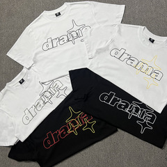 New 24 Small Brand Trendy Streetwear Drama Call Star Print Short Sleeve Western Street Loose Retro Casual Half Sleeve