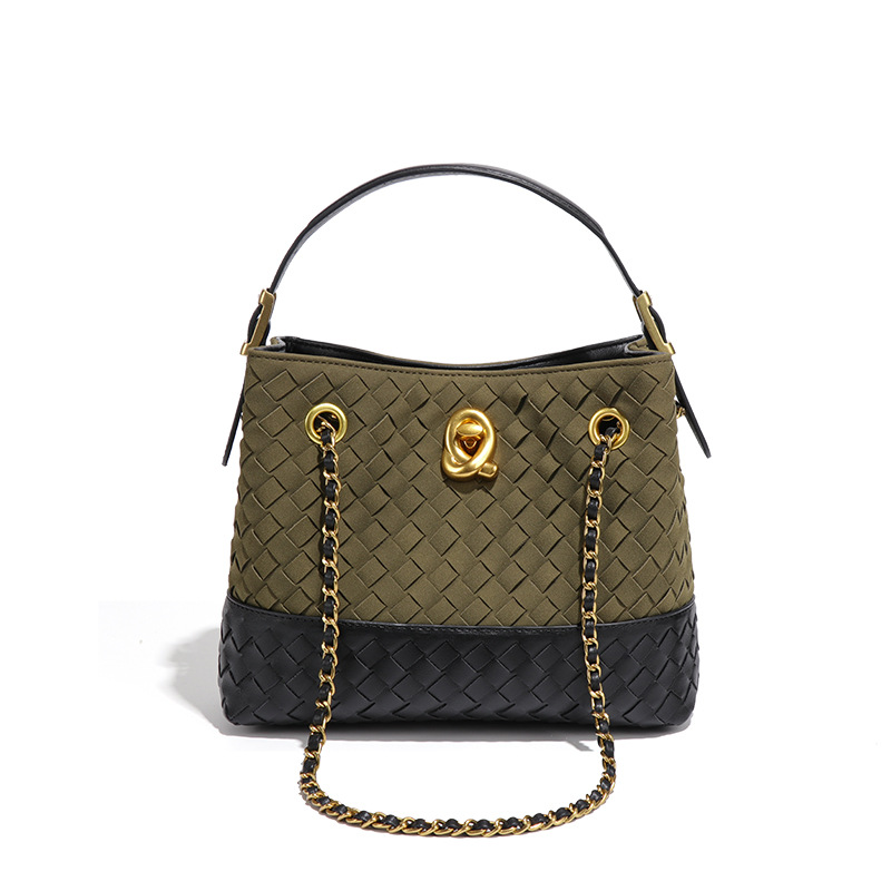 Retro Luxury Woven Bag Contrast Suede Tote Bag For Women 2025 New Bucket Bag Crossbody Chain Bag - Thumbnail 8