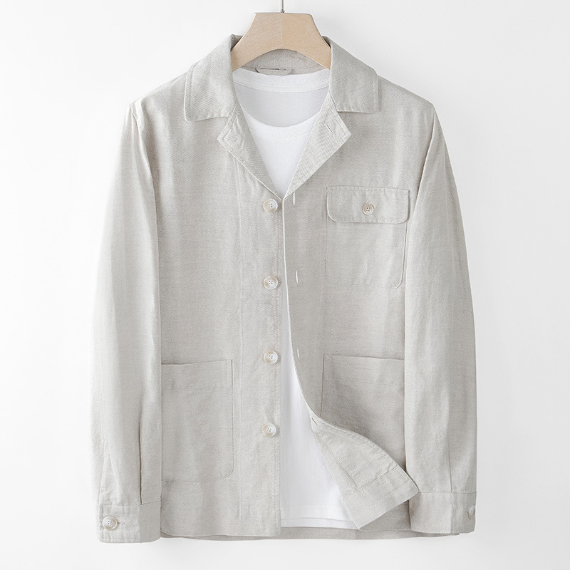 Autumn Tooling Linen Casual Jacket Men's Lar Top Twill Cotton Linen Loose Jacket Cuban Collar Pocket