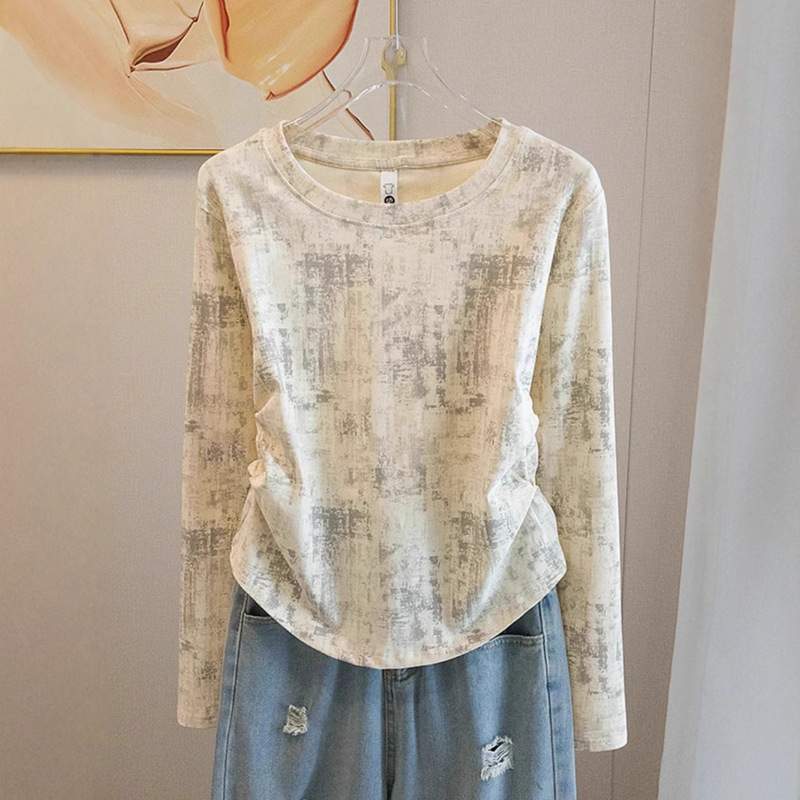 2024 Autumn and Winter New Belly Covering Tie-dyed Pleated Inner Base Shirt Women's Slim-fit Slimming Shoulder Long-sleeved T-shirt Top