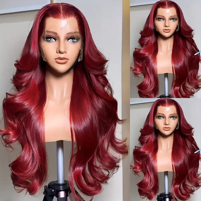 Cross-Border European and American Export Wigs Burgundy Front Lace Wig 13*4 Large Lace Hair Set Human Hair Wig