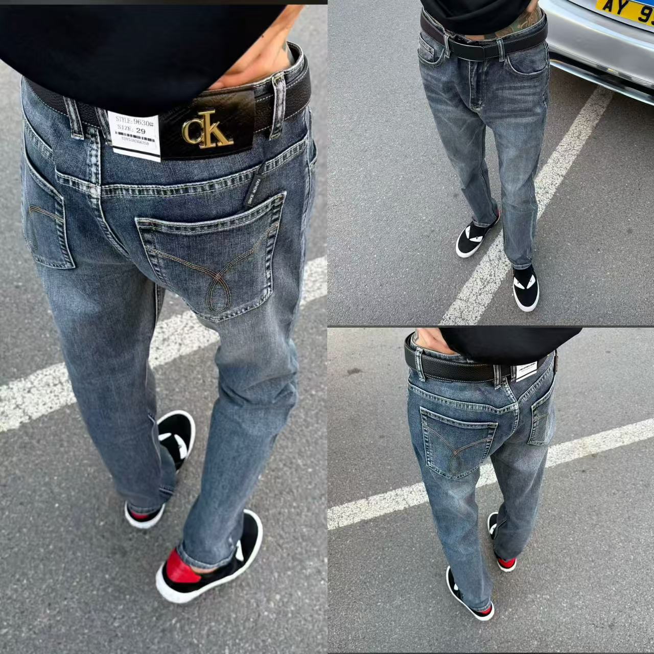 Kişi üçün dar kəsiliş uzanan cins şalvar, payız-qış modeli