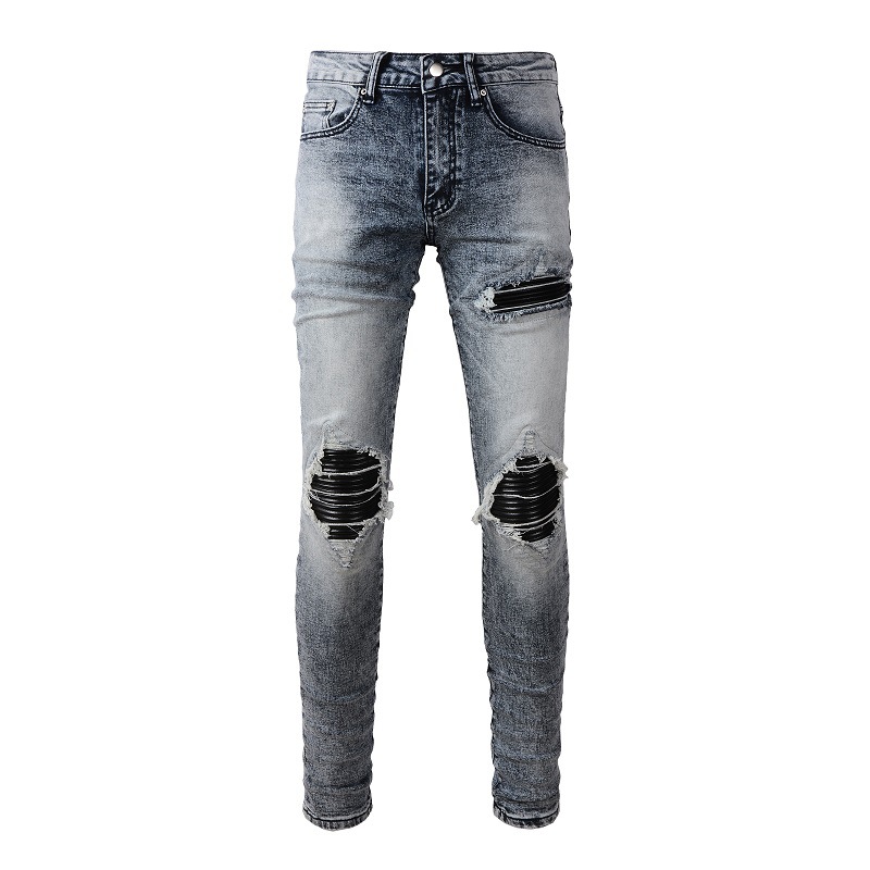 Vêtements pour hommes dans le même style moustaches de chat froissées patchwork noir trous en cuir élastique slim fit jeans skinny jeans_voghion.com