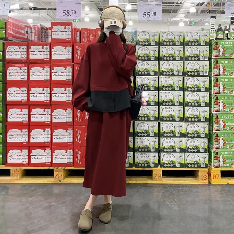 大码假两件卫衣半身裙两件套女春秋新款时尚胖MM宽松减龄漂亮套装|undefined