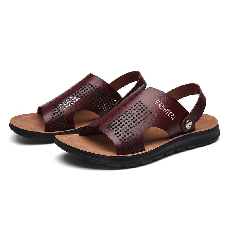 Dép sandal nam cỡ lớn hở ngón da PU chống trơn trượt, thoáng khí đi biển — Nâu Đen, Xanh lam đậm, Xám đậm, Đỏ rượu