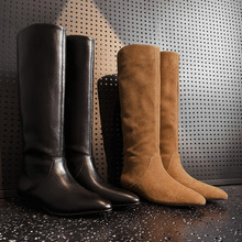 牛皮骑士靴女高筒长靴子冬新款真皮尖头低跟套筒不过膝靴女直筒靴