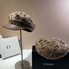 秋冬新款小香风亮片贝雷帽时尚韩版链条粗花呢软边海军帽报童帽女