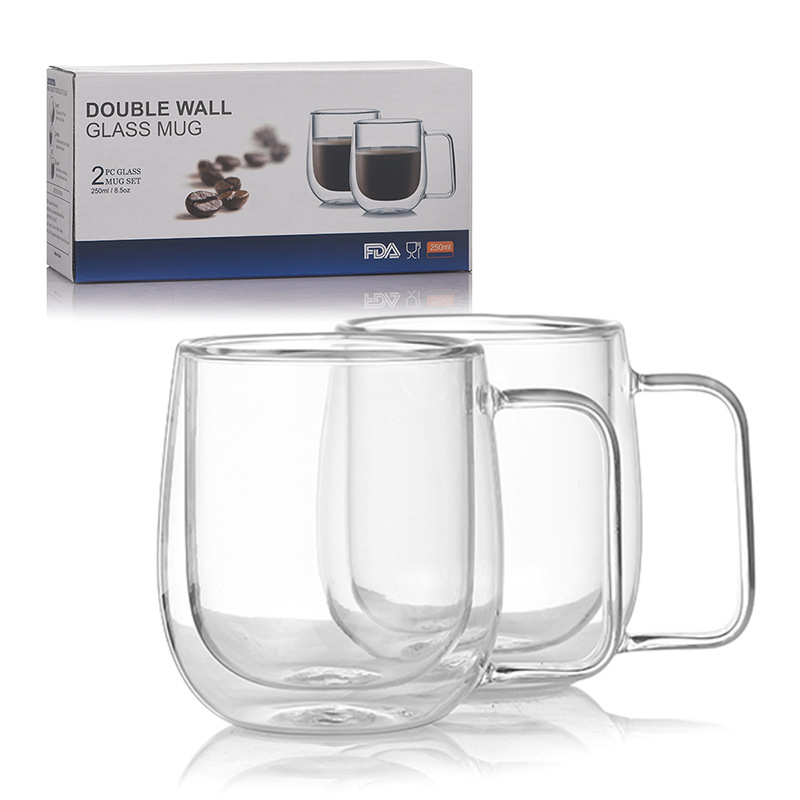 Wholesale high borosilicate double-layer insulated glass pot belly coffee cup set transparent water cup with handle household breakfast cup