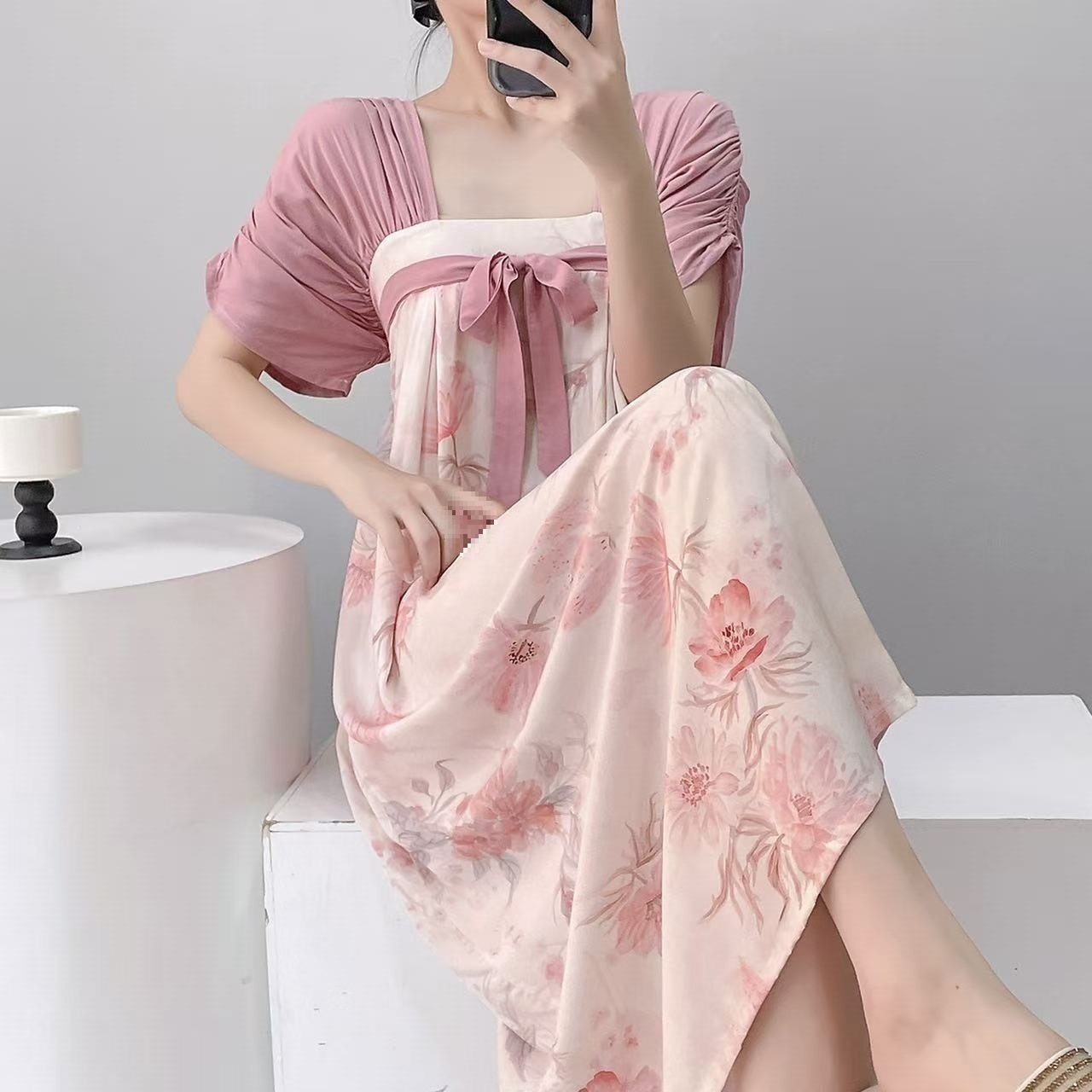 暖枫莱改良汉服短袖绵绸睡裙女夏季棉绸可外穿仙气人造棉家