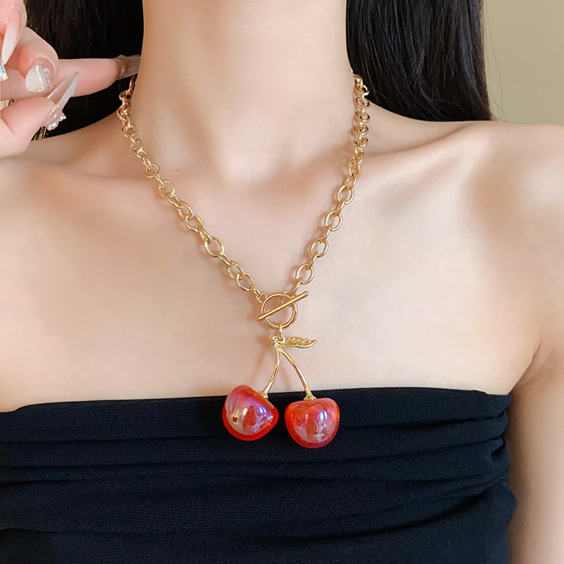 Date, Tea Party Occasion Alloy, Resin Material Cute Lady Cherry Alloy Resin O-shaped Necklace Pendant Necklaces Wholesale