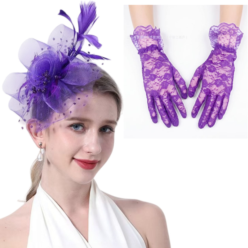 Wedding mesh hair accessory, headpiece, cheongsam, elegant lady performance, tea party, feather lace glove set, vintage