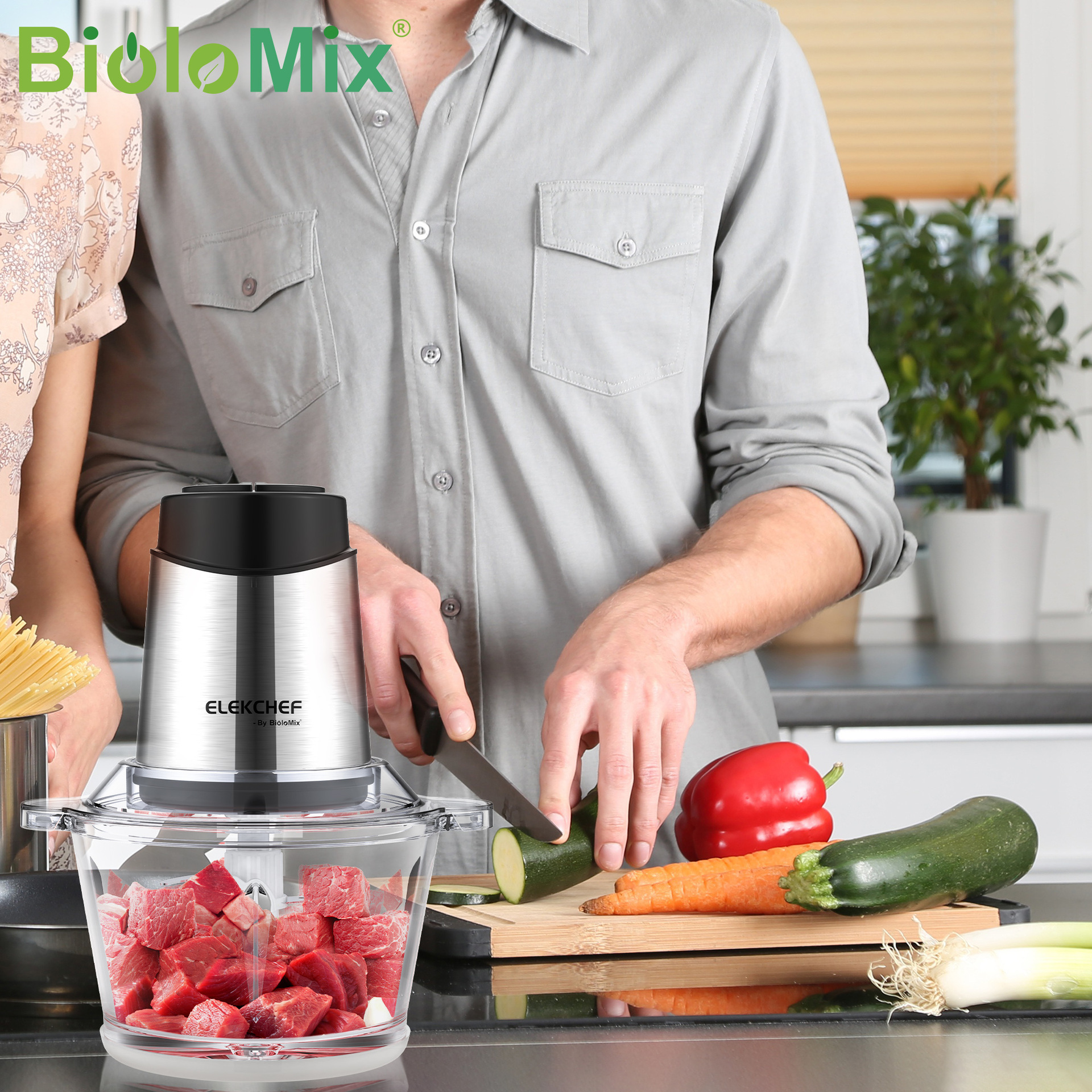 BioloMix Picadora de carne 2L de gran capacidad de dos velocidades tazón de vidrio picadora de carne máquina de alimentos Meat Grinder
