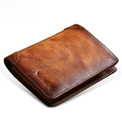 Cross-border agency Manbang men's wallet short style top grain leather brushed color classic three-fold RIFD anti-theft card 