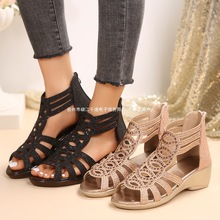 跟大码外贸低水钻女凉鞋新款夏季鱼嘴坡跟2025镂空罗马凉鞋后拉链