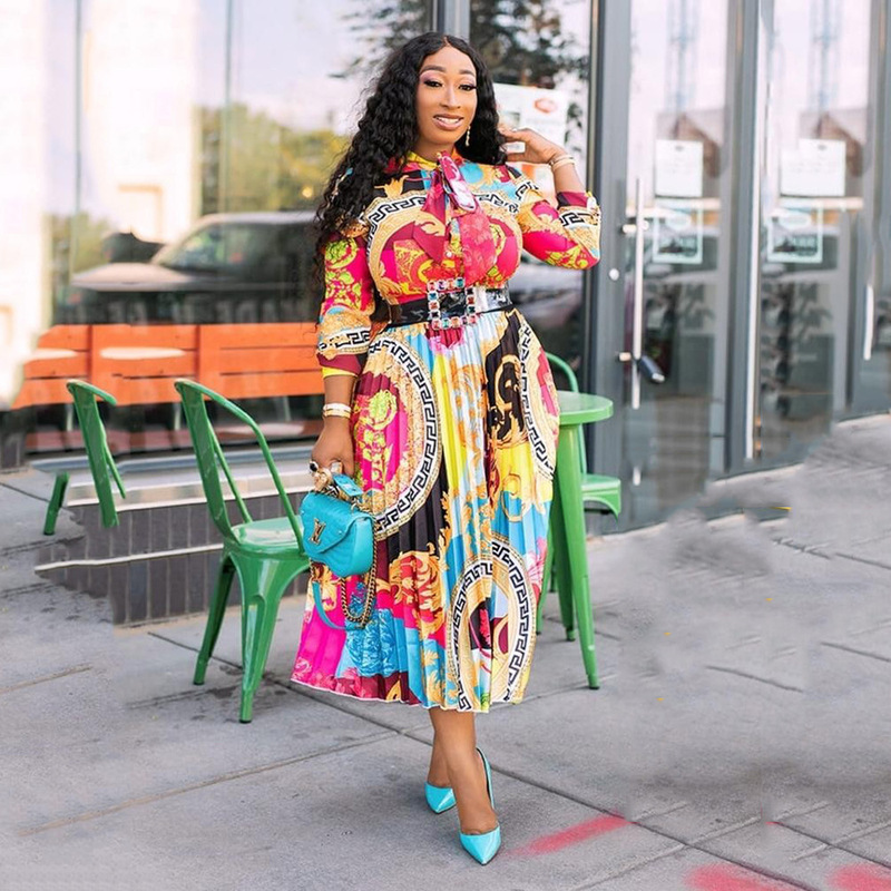 2025 New Spring and Summer Dress African Printed Bow Collar Three Quarter Sleeve Midi Dress Plus Size Women 2025 New Spring and Summer Dress African Printed Bow Collar Three Quarter Sleeve Midi Dress Plus Size Women