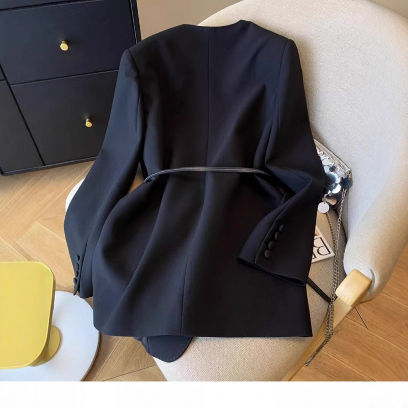In-Stock Stylish and Textured Black Collarless Blazer for Women, Loose Fit, Slimming, Suitable for Spring and Autumn, Office Wear