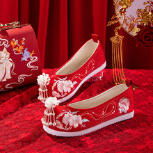 紅色婚鞋女新款平跟秀禾鞋中式敬酒新娘鞋結婚鞋子古風漢服搭配鞋