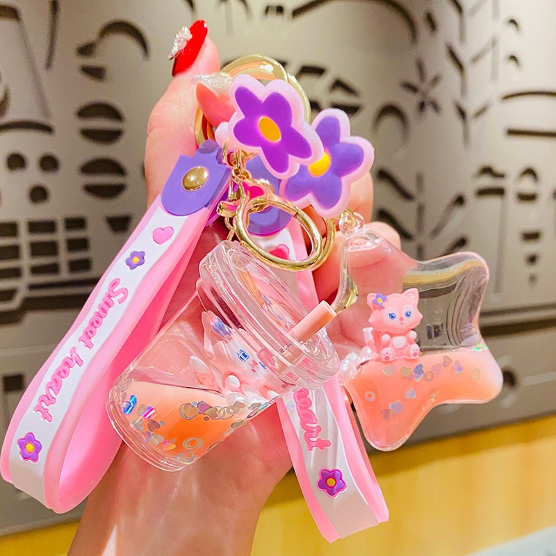 Corazón de niña, lindo y aceitoso, pequeño zorro, botella de té con leche, llavero de coche creativo de dibujos animados, un par de colgantes de mochila, sistema de curación