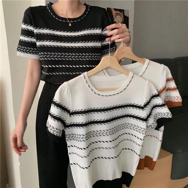 Striped Knit Sweater for Women 2023 Summer Design Round Neck Short Sleeve Color-Blocking Petite Slim Fit Short Style Yibird