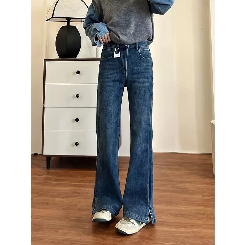 胖MM开叉直喇牛仔裤女2025新款梨形身材大码显瘦高腰裤子KX|undefined