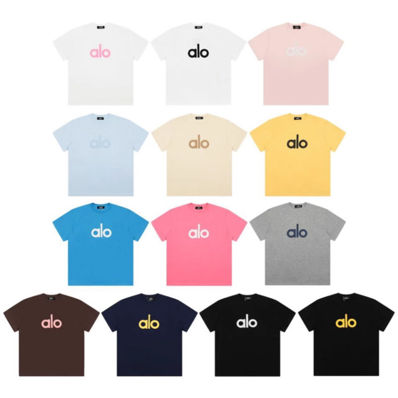 25 Spring and Summer New Style Alo 260g Cotton Short-Sleeved Men's and Women's Same Style Front and Rear Letter Broken Edge Printed Loose Lazy T-Shirt