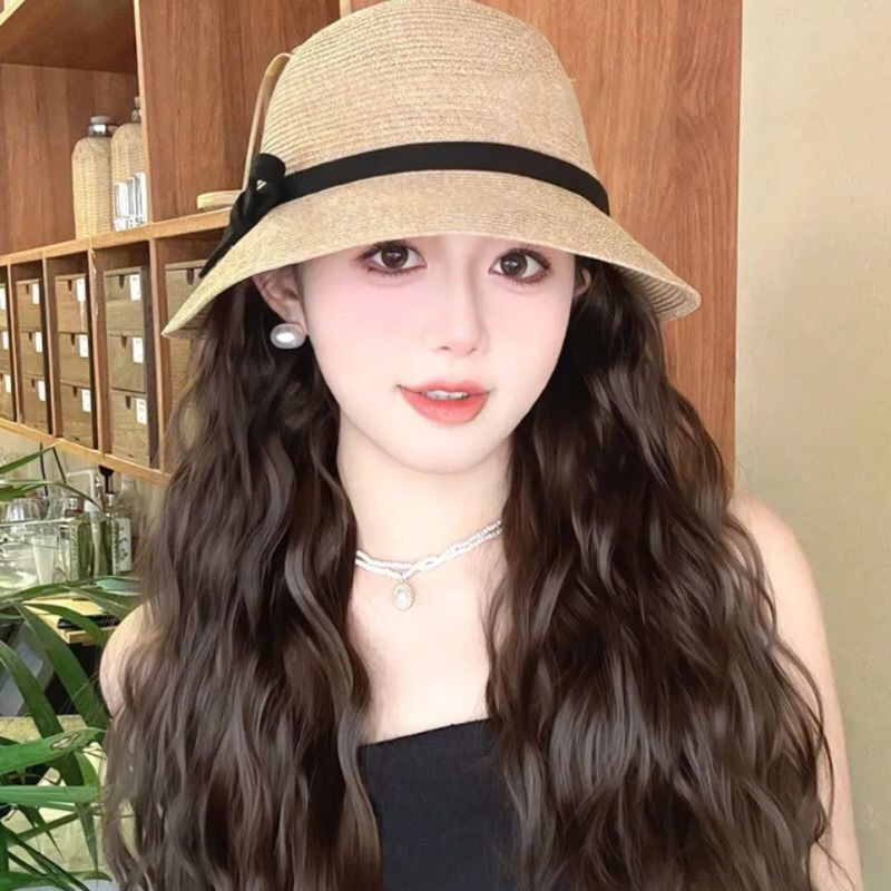 Wig and Hat Integrated Full Headgear for Women with Long Curly Hair Summer Fashion Sunshade Braided Fisherman Big Wave Hat Wig