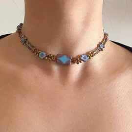 Potato【蓝桥】手工复古choker原创设计蓝棕色小众几何串珠项链