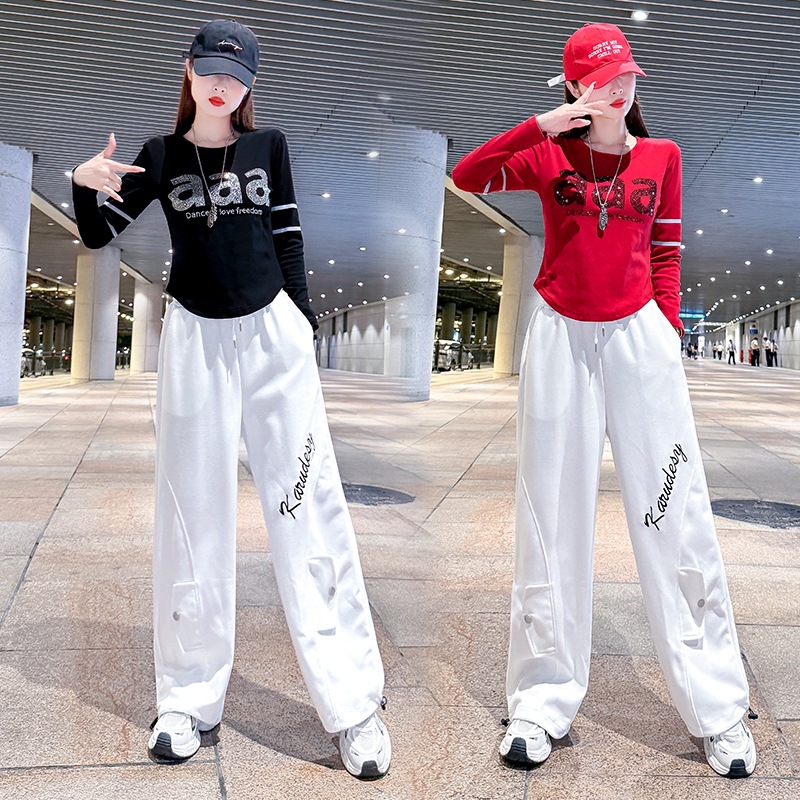 Casual Sports Shuffle Dance Outfit Autumn and Winter Dance Set Round Neck Rhinestone Fitness Dance Embroidered Casual Pants Two-Piece Set