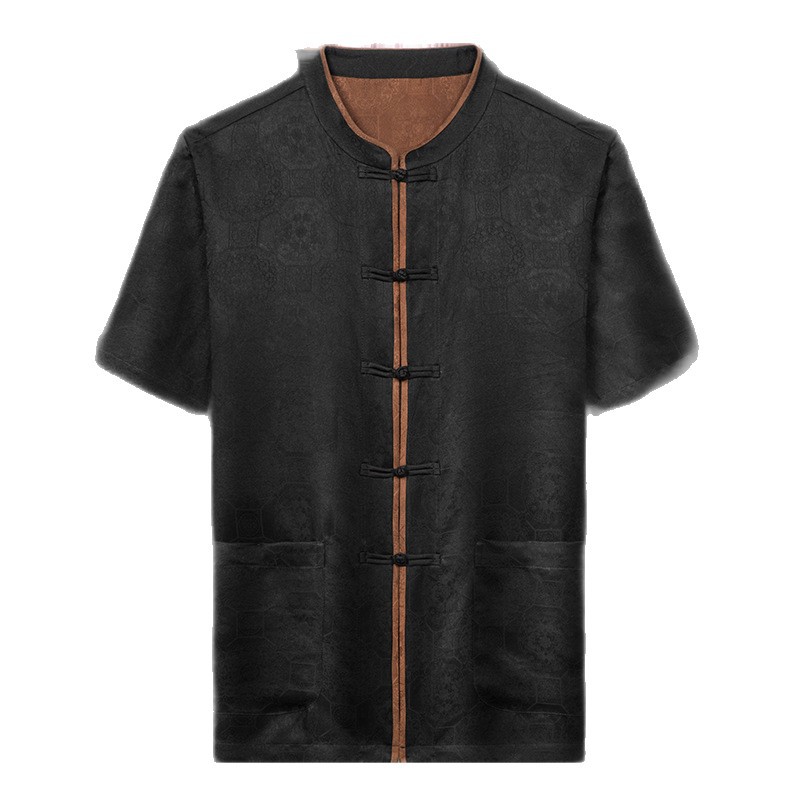 Áo sơ mi cổ đứng tay ngắn lụa tơ tằm phong cách Trung Hoa — Đen 25A098